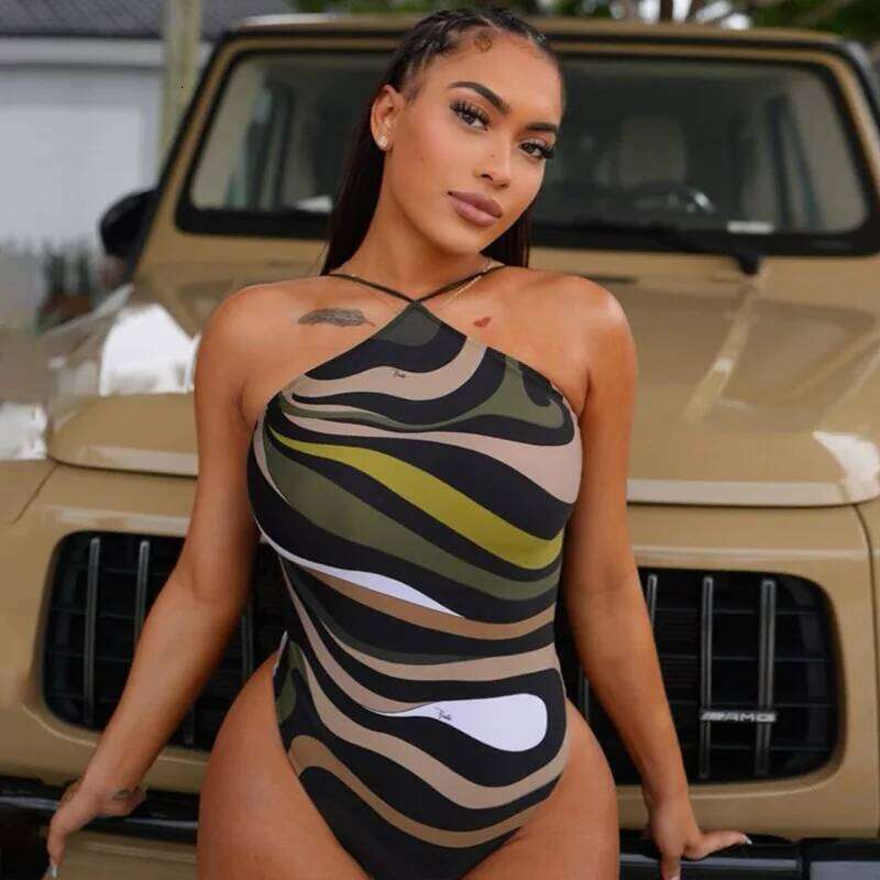 Summer's New Streetwear Creative Digital Printed Sleeveless Tie-up Backless Tight-fitting Jumpsuit