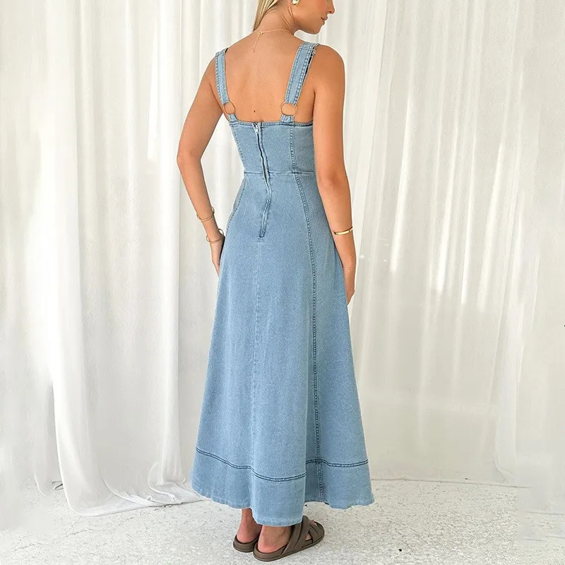 European and American style temperament slim high waist singlebreasted long denim suspender dress 250604