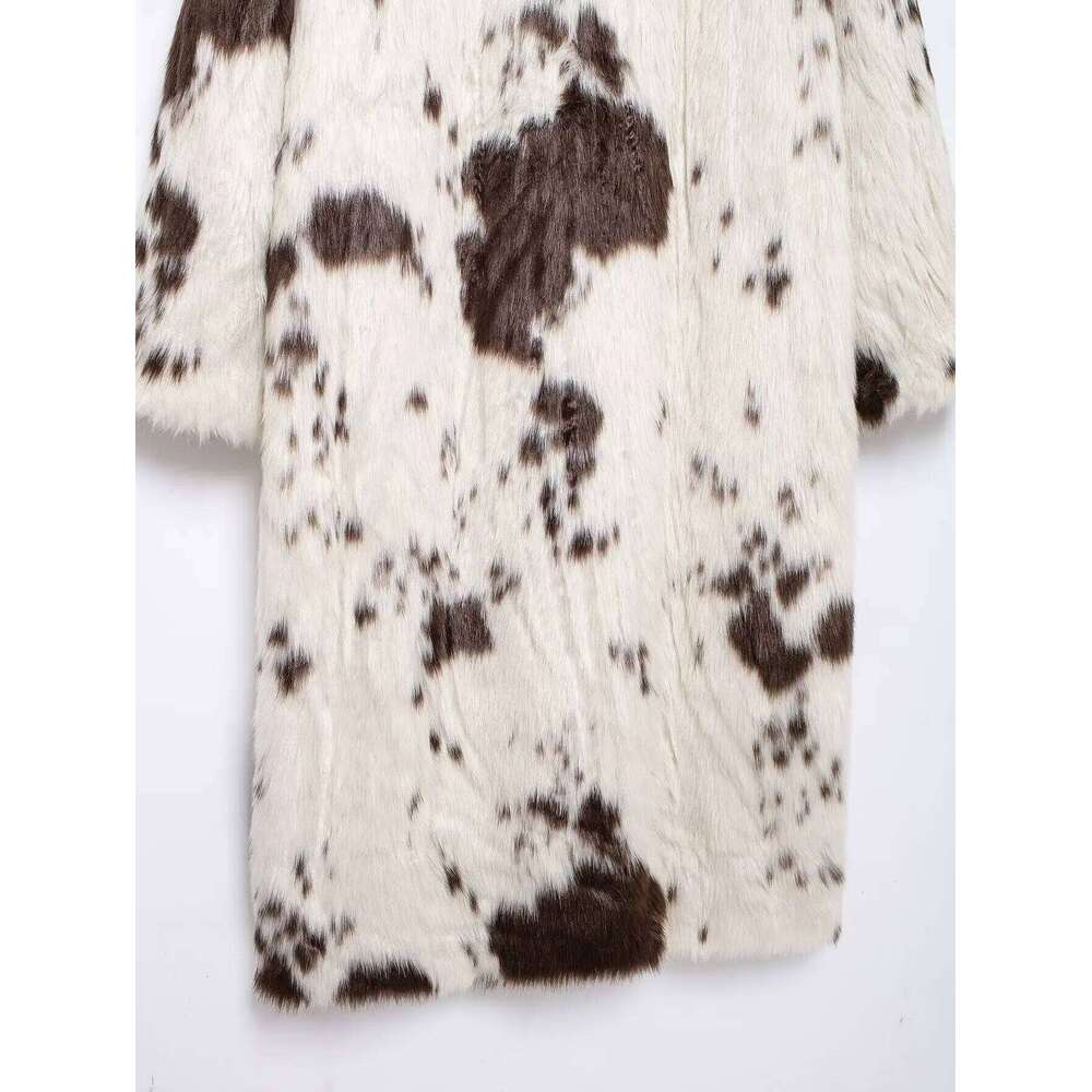 Women's Fashion Printed Faux Fur Long Autumn and Winter Warm Embellished Leopard Coat Fluffy Jacket