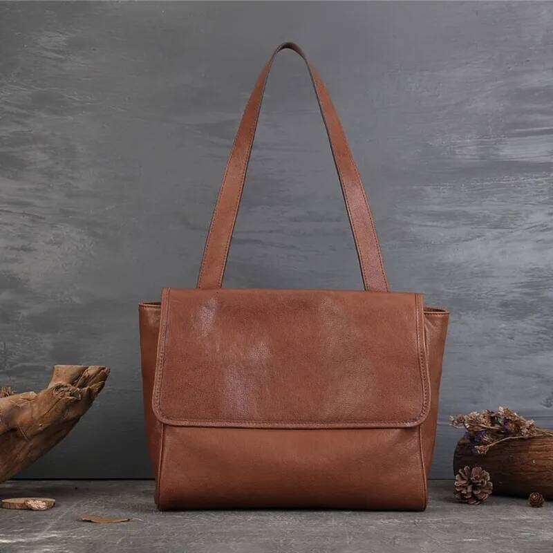 Johnature Genuine Leather Women's 2025 New Large Capacity Tote Bag Simple Commuting Soft Cowhide Shoulder Bags 2025/06/05