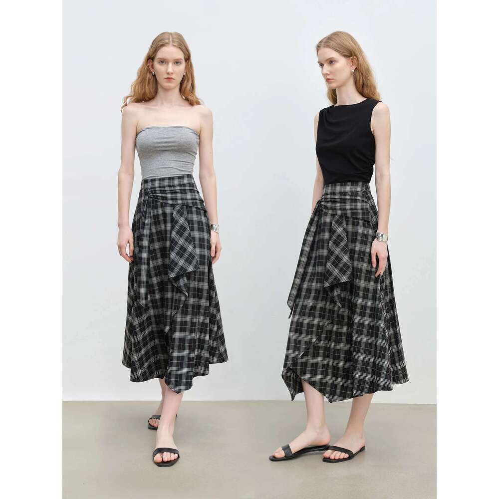 ZIQIAO 2025 Summer Petite Artistic Check Skirt - High-Waisted Asymmetric Hem & A-Line Silhouette For Retro Chic 25Zq92390