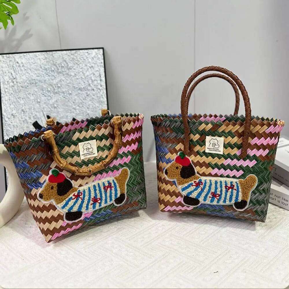 Women's Bags Designer Casual PP Handbags Stripe Woven Straw Bag Large Capacity Bamboo Handle Weaving Basket Female