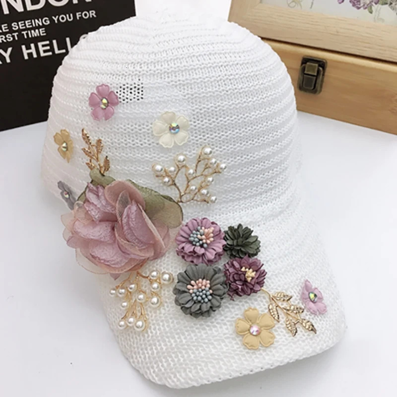 Womens Summer Rose Baseball Cap Fashion Rhinestone Pearl Cap Ladies Casual Breathable Visor Cap 250603