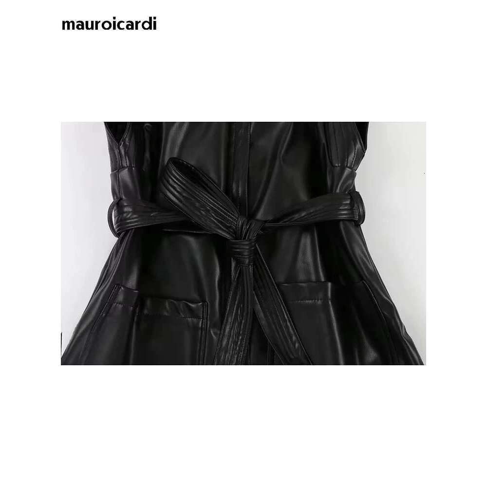 Mauroicardi Spring Short Black Soft Pu Leather Vest Women with Side Slit Sashes Stand Collar Chic Sleeveless Jacket 2025
