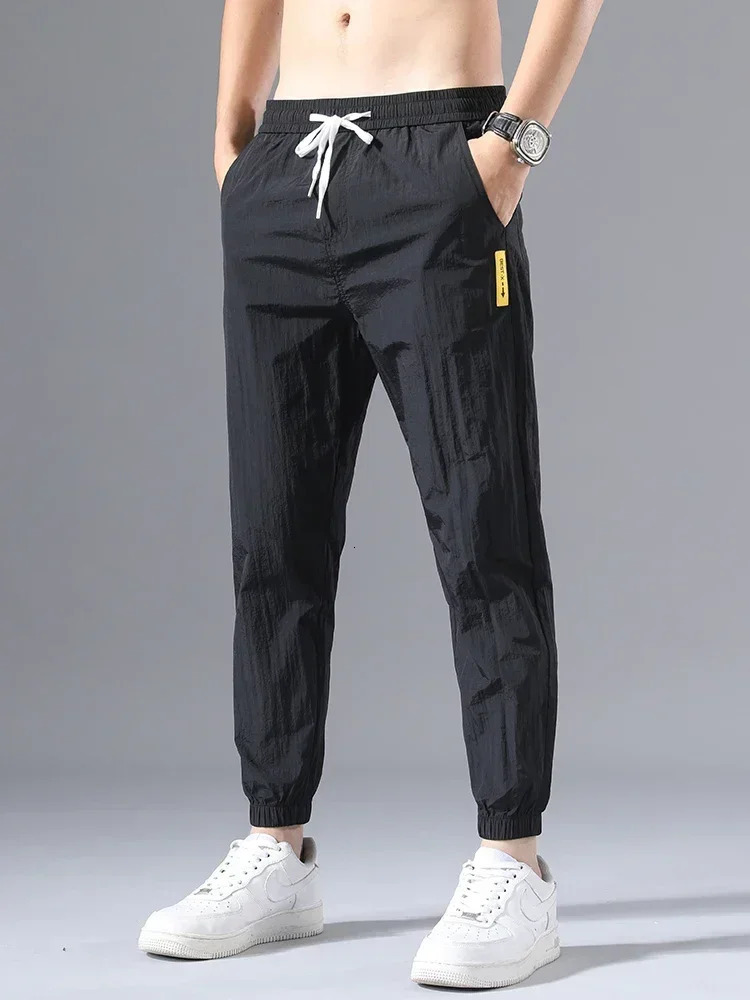 Summer Thin Men Casual Pants Ice Silk Breathable Korean Fashion Jogging Sweatpant Drawstring Bound Feet Ankle Length 250605Z