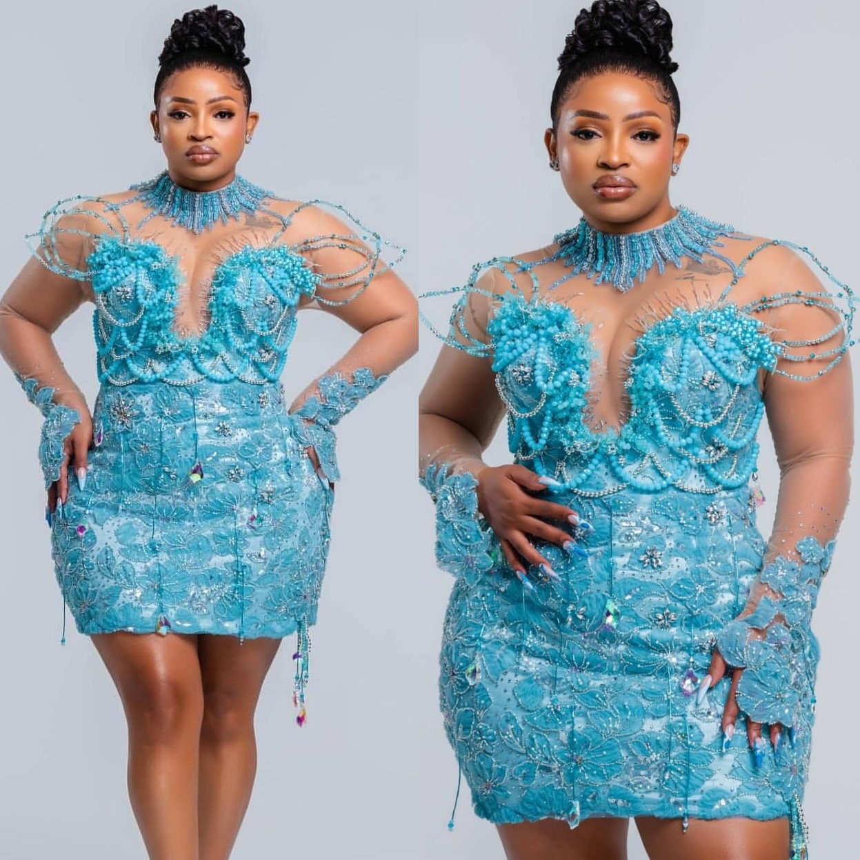 Sky Blue Sheath Cocktail Dress Pearls Crystals Floral Lace Full Sleeves Short Mini Graduation Homecoming Dresses For Special Occasions Sweetheart Gown