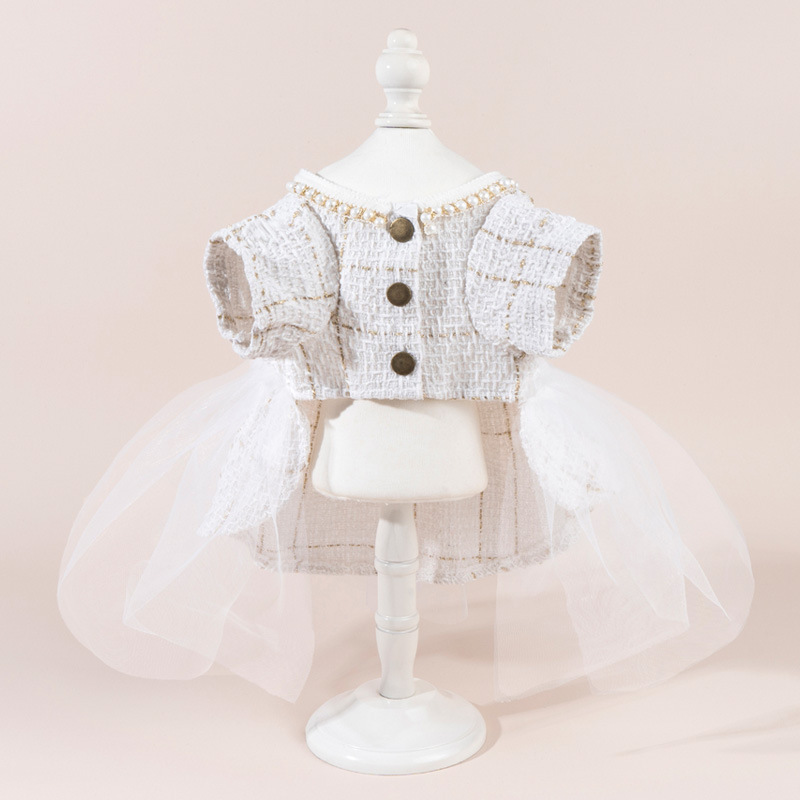 Tweed Dog Dresses with Leash Ring, Pearls Dog Wedding Dress, Bow Flower Puppy Clothes for Small Pet Girl Multi-Layer Lace Tutu Cat Outfit for Kitten C