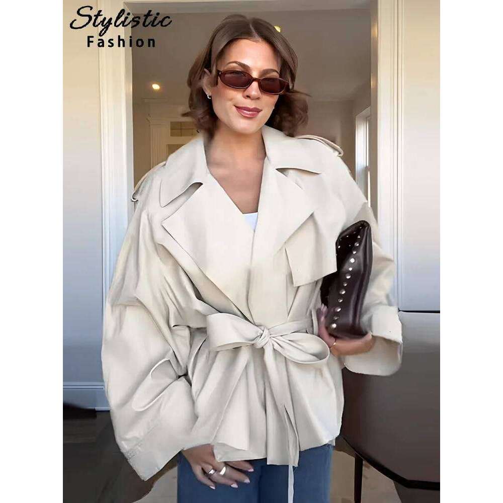 hoodie Spring Lace Up Trench Coat Women Apricot Loose Large Lapel Long Sleeves Short Windbreaker Chic High Street Outerwears Lady jacket