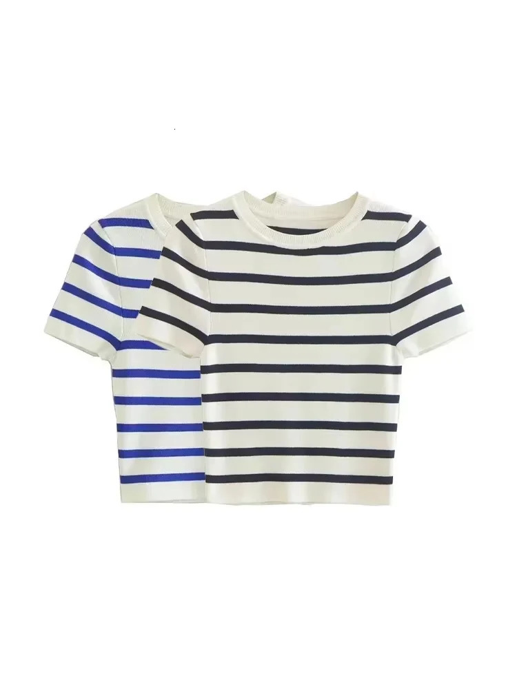 TRZA Women Fashion Striped Basic Cropped Knit Sweater Vintage O Neck Short Sleeve Female Pullovers Chic Tops 250530