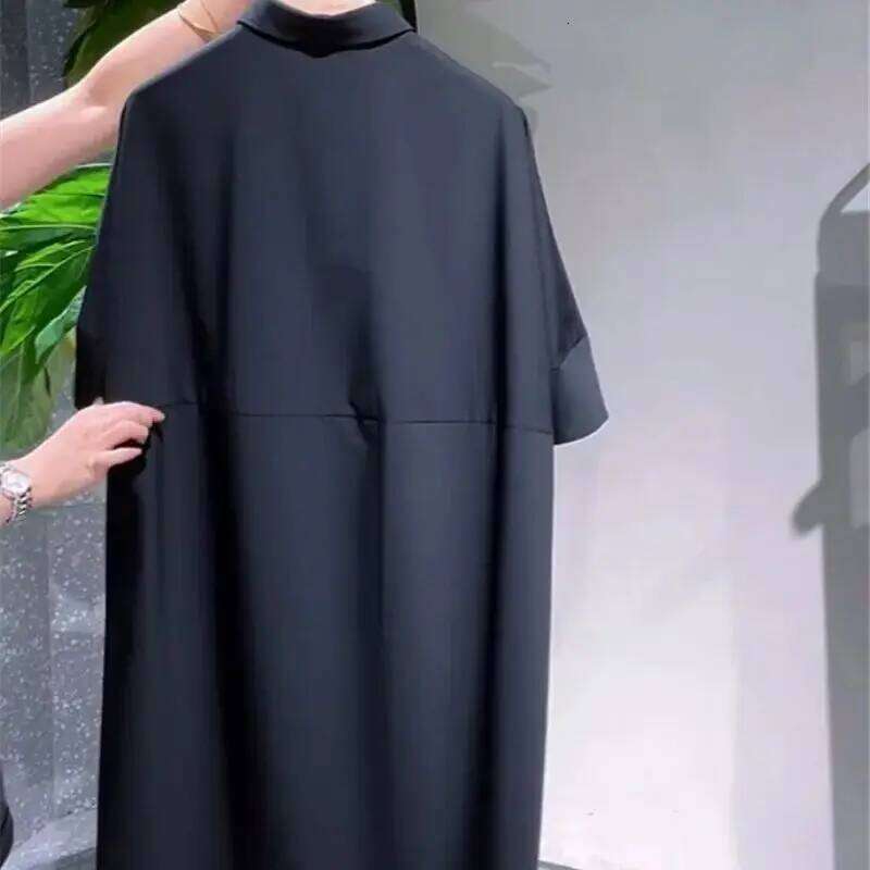 Limiguyue Summer Elegant Polo-neck Shirt Dress Women Vintage Fashion Casual Loose Midi Dresses Pocket Design Black Vestidos 099P