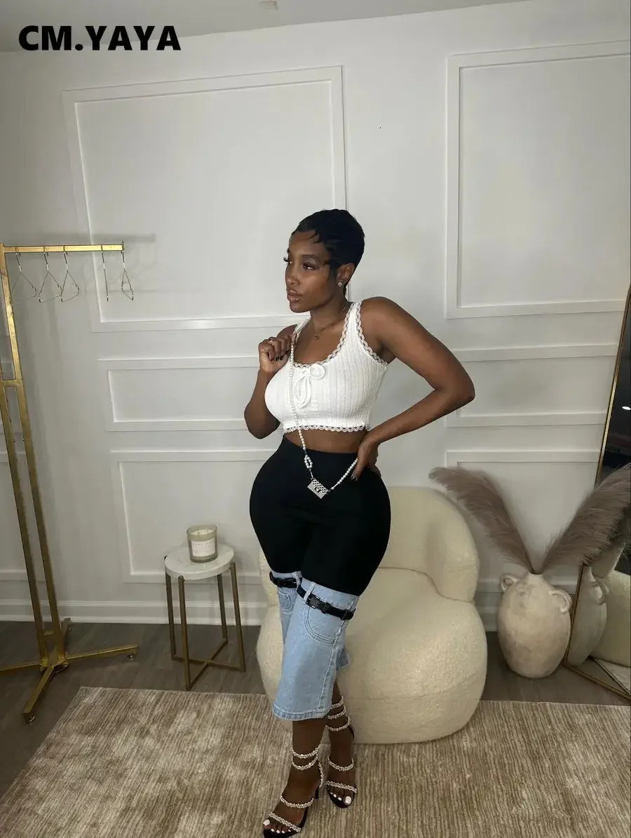 CMYAYA Women Streetwear Ripped Jeans Summer Patchwork Chic INS High Waist Fly CalfLength Knee Length Denim Pants 250604