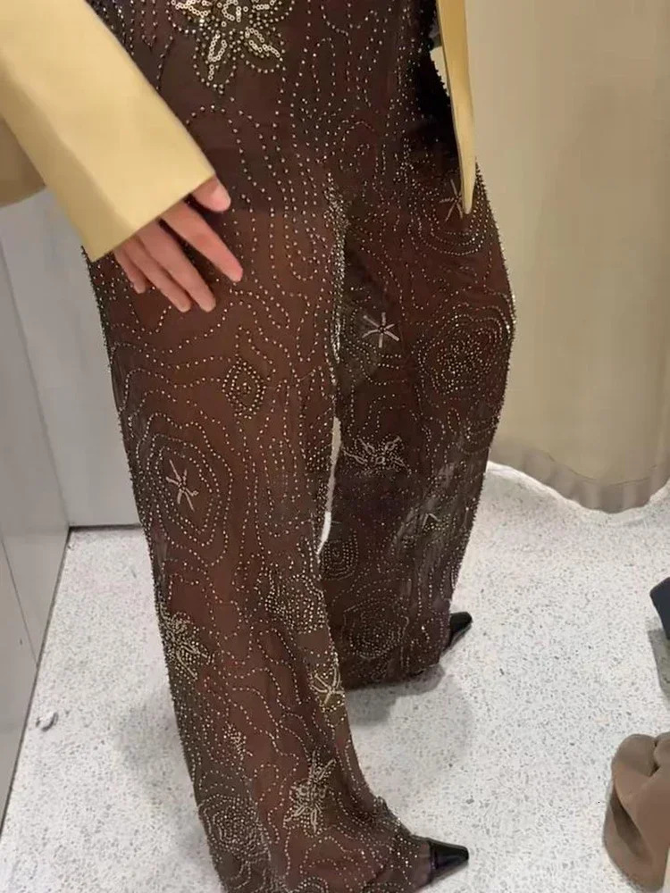 Elegant Sequin Printed Straight Pants Women Chic Bead y Seethrough Thin Trousers Summer High Street Party Wear 250604