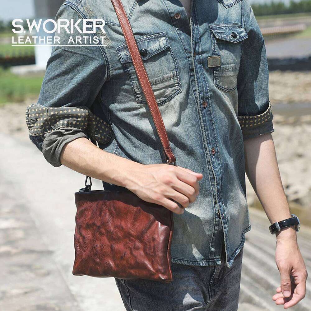 Genuine Men's Casual Shoulder Clutch Fashion Cowhide Chest Bag Vegetable-Tanned Leather Hand Coloring 2025/06/05