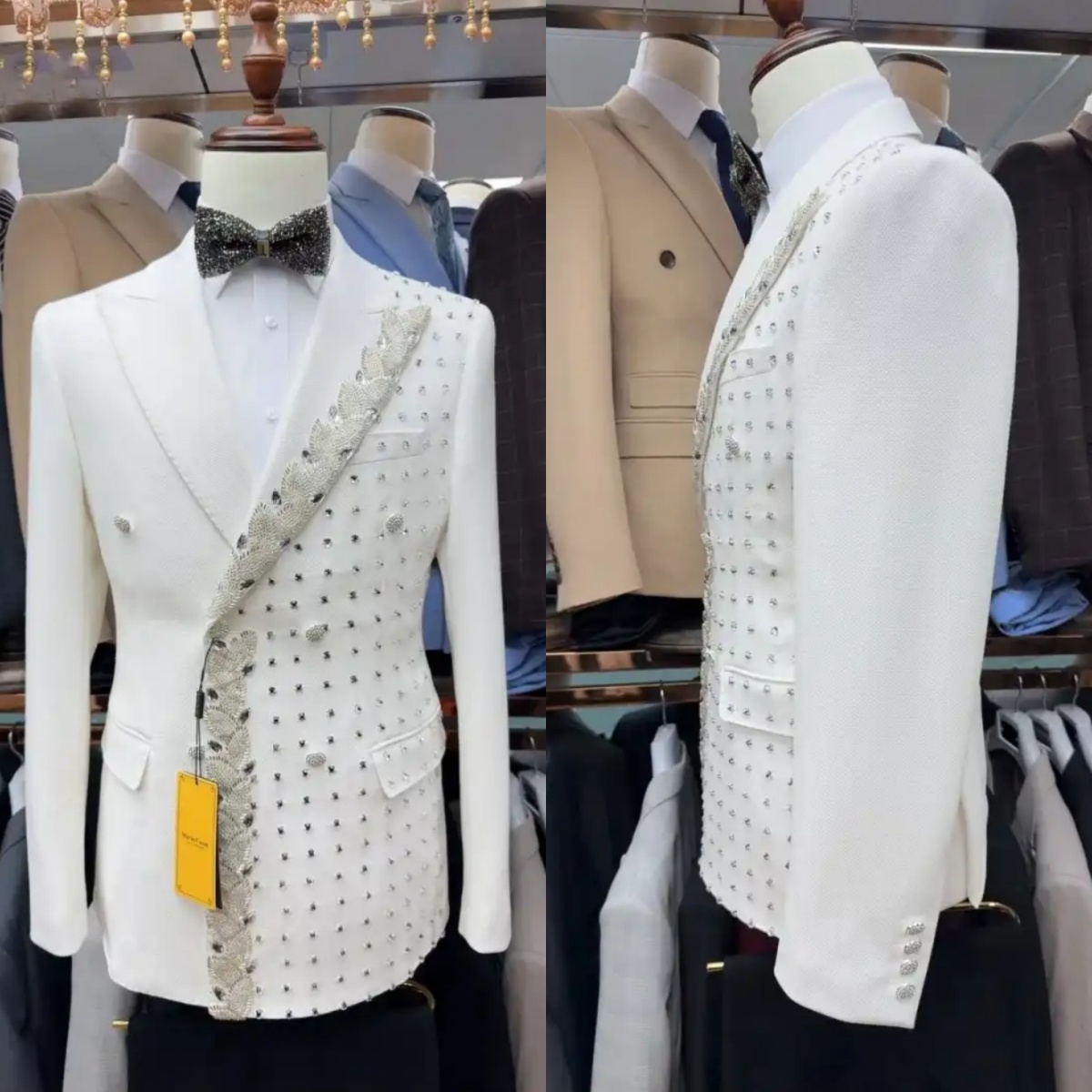 Elegant Crystal Wedding Tuxedos 2 Piece Set Jacket Pants Men Suit Classic Double Breasted Customized Groom Wear Formal Suits