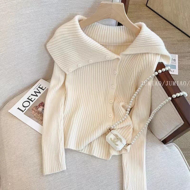 Irregular Collar Knit Cardigan for Women 2025 Spring and Autumn New French Style Off-Shoulder Slimming Long Sleeve Top