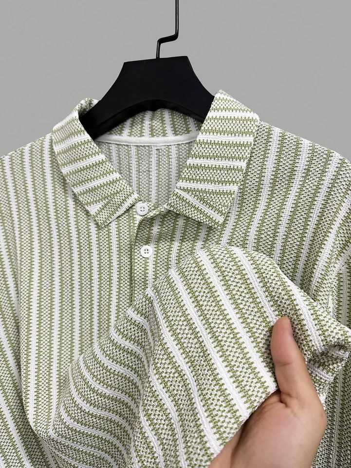 Mens Summer Knitted Striped Lapel Short Sleeve Polo Shirt Comfortable and Fashionable Polo Shirt Suitable for Daily Wear XJ250605