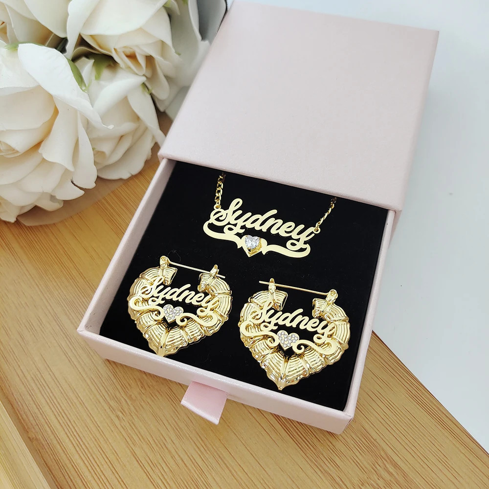 Custom Name Jewelry Sets Stainless Steel Heart Bamboo Earrings and Zircon Necklace with Letters Women Childrens Gifts 250530