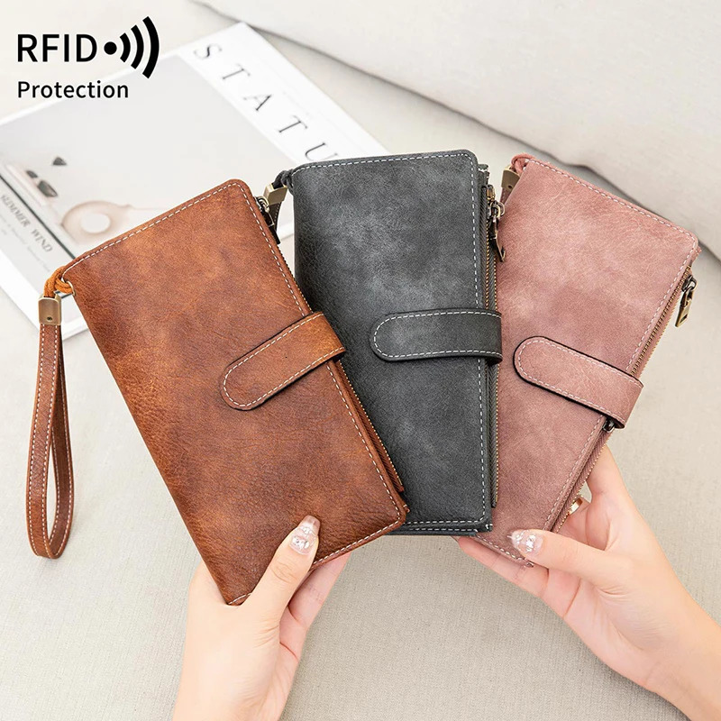 Vintage Womens Long Wallets Large Capacity Trifold Credit Card Holder RFID Blocking Purses for Women Ladies Zipper Pocket Bag 250605