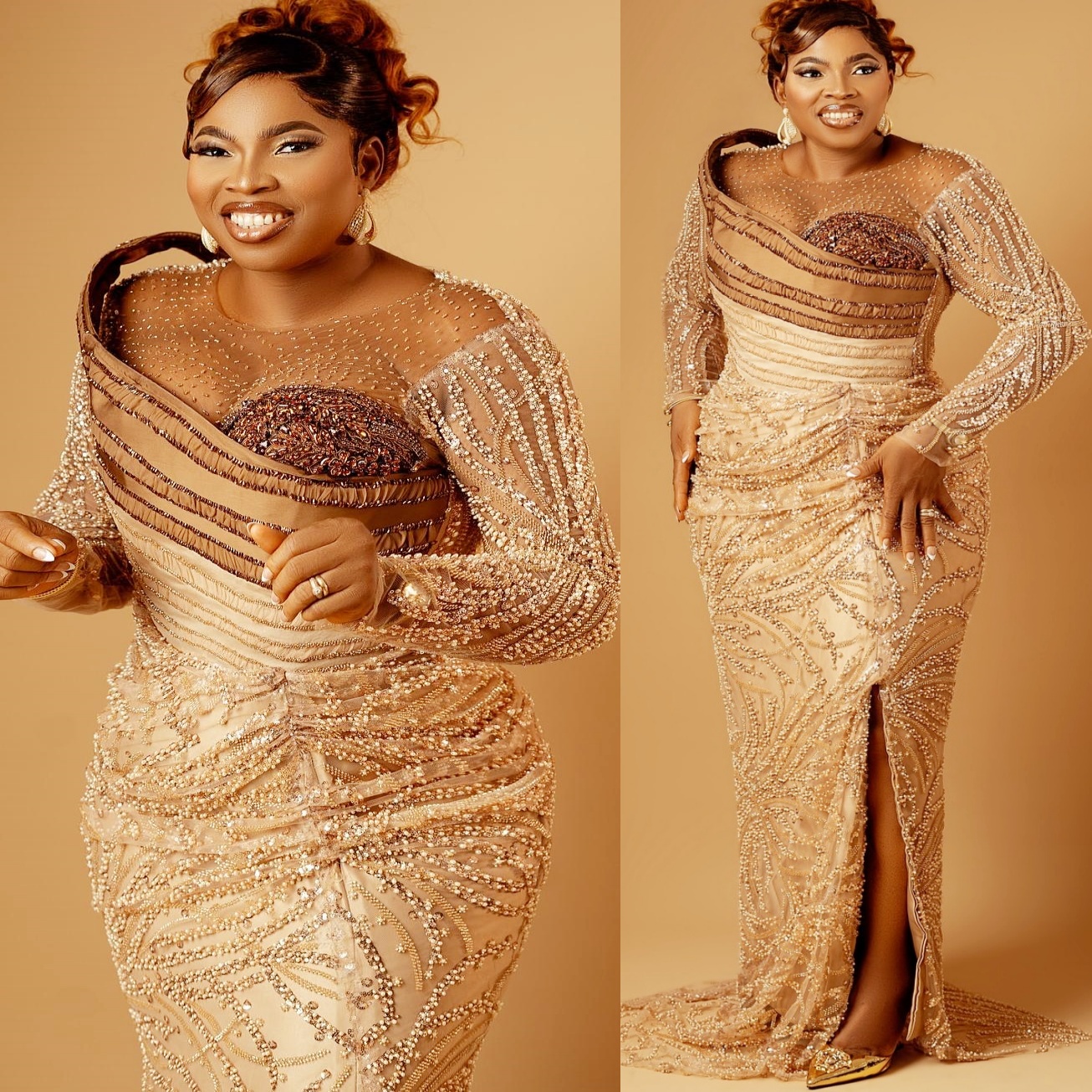 Gold Sheath Prom Dresses 2025 Beaded Sequined Full Sleeves Sparkly Evening Formal Party Second Birthday Engagement Gowns Plus Size Dress For Special O