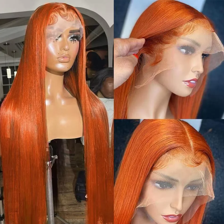 220 32 36 Inch Ginger Orange Bone Straight 13x6 Lace Front Human Hair Wig 13x4 HD Transparent Lace Frontal Wigs Synthetic