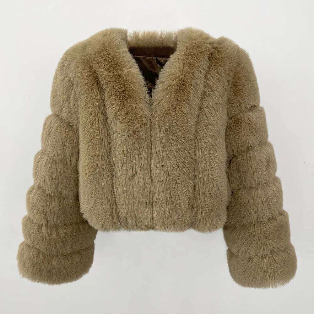 MENINA 2025 Winter Jacket Women Faux Fur Coat Short V-neck High Waist Outerwear Fashion Thickened Warm Commuting Long Sleeves