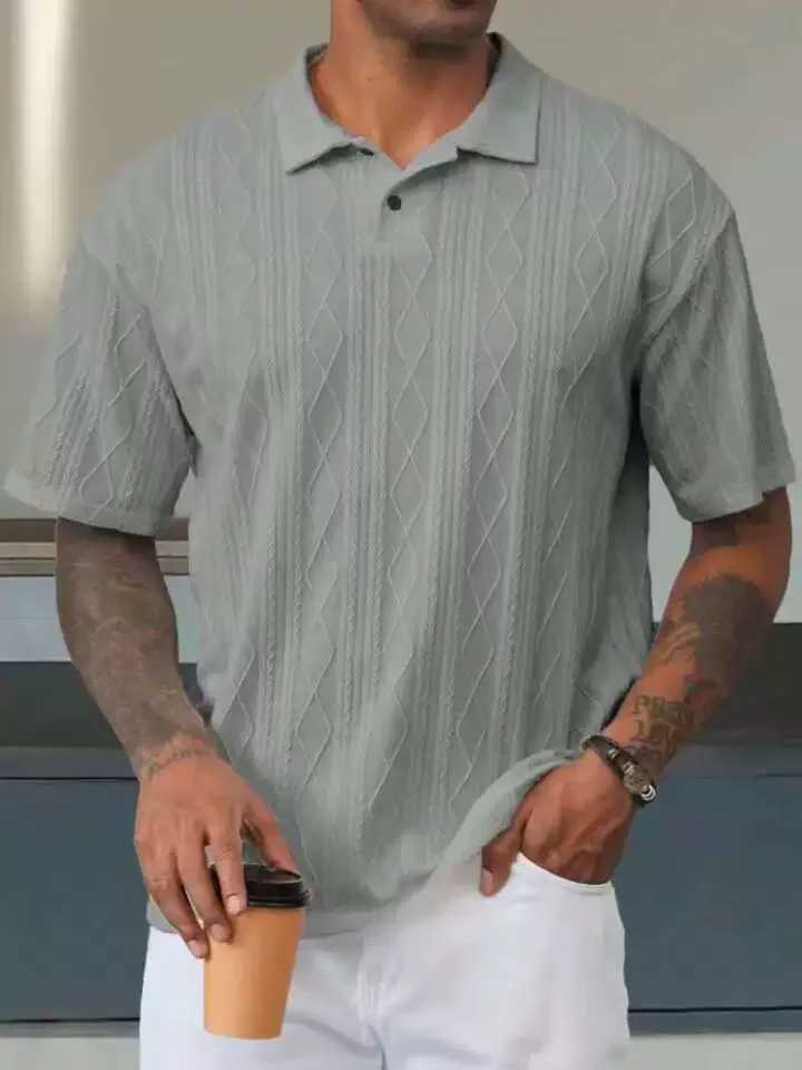2025 New style summer mens fashion textured line short-sleeved POLO shirt Casual lapel solid color jacquard top XJ250605