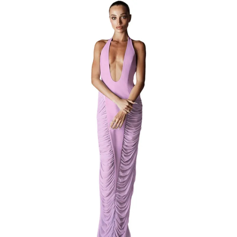 VEITCHE Summer Women Halter Deep V Neck Sexy Maxi Purple Dress Gown Patchwork Mesh High Waist Ruched Club Party Long Dress 250604