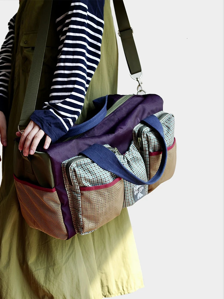 Fashion Korean Style Plaid Purple Womens Nylon Travel Bag Large Capacity Lightweight Waterproof Handheld Fitness Shoulder Bag 250530