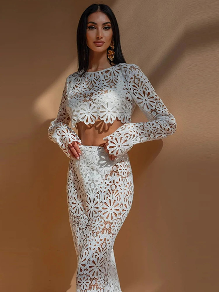 Elegant See Through Crochet Top Women Set Hollow Out Flare Long Sleeve Slim Empire Hip Package Skirts Summer Lady Set 250604