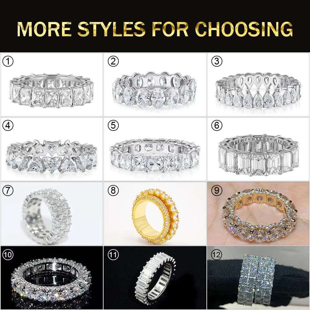Pass Diamond Tester Three Rows Vvs Moissanite Eternity Ring Band Iced Out Diamond 10K 14K 18K Solid Gold Wedding Rings