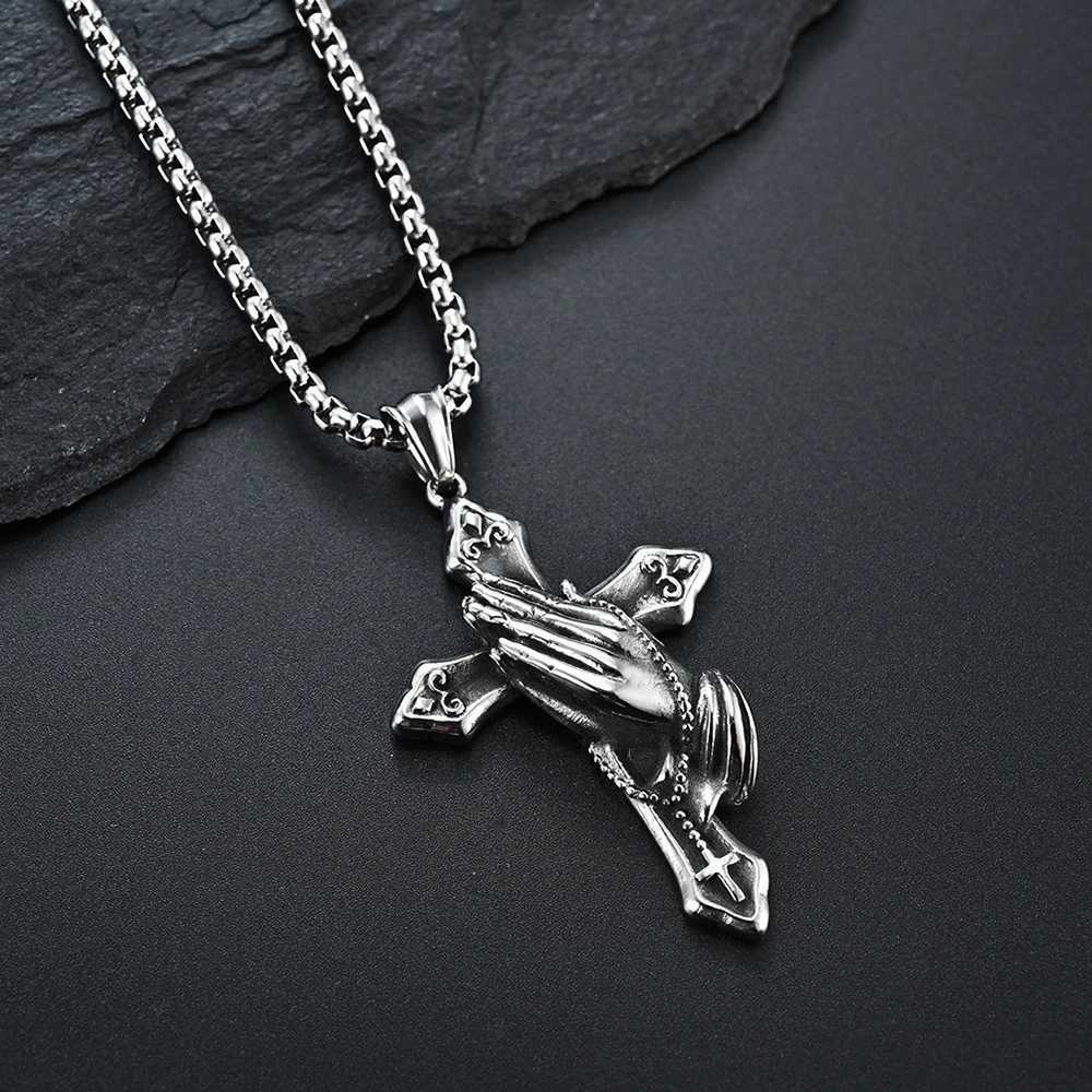 Vintage Praying Hands Cross Pendant Necklace hip-hop Stainless Steel Chain Neck Accessories Hip Hop Rock Jewelry 2025 Gifts XJ250604
