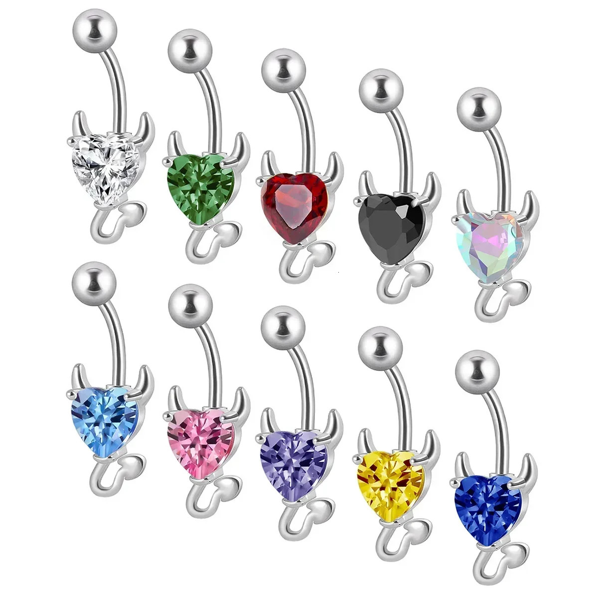 3Pcs Steel Heart Navel Belly Button Rings Devil Shape Colored Zircon CZ Belly Piercings Jewelry Piercings Women Gift 250530