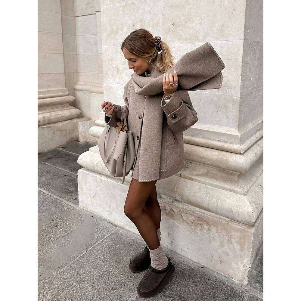 Coats Designer Women TRAF Premium Scarf Trimmed Button Long Sleeve New Solid Colour Fashion Tweed Jacket Temperament Women's Clothing Designer