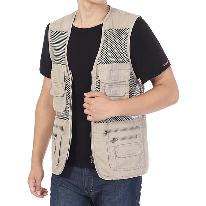 Large Size Mens Mesh Loose Vests MultiPockets Zipper QuickDrying Casual Male Outdoor Jacket Sleeveless Breathable Waistcoat 250605Z