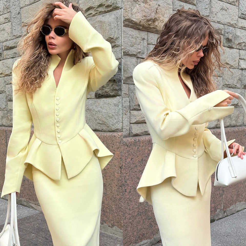 2 Pieces Yellow Women Blazer Dress Mermaid Ladies Formal Wear Prom Birthday Party Customized Long Jacket Outfits