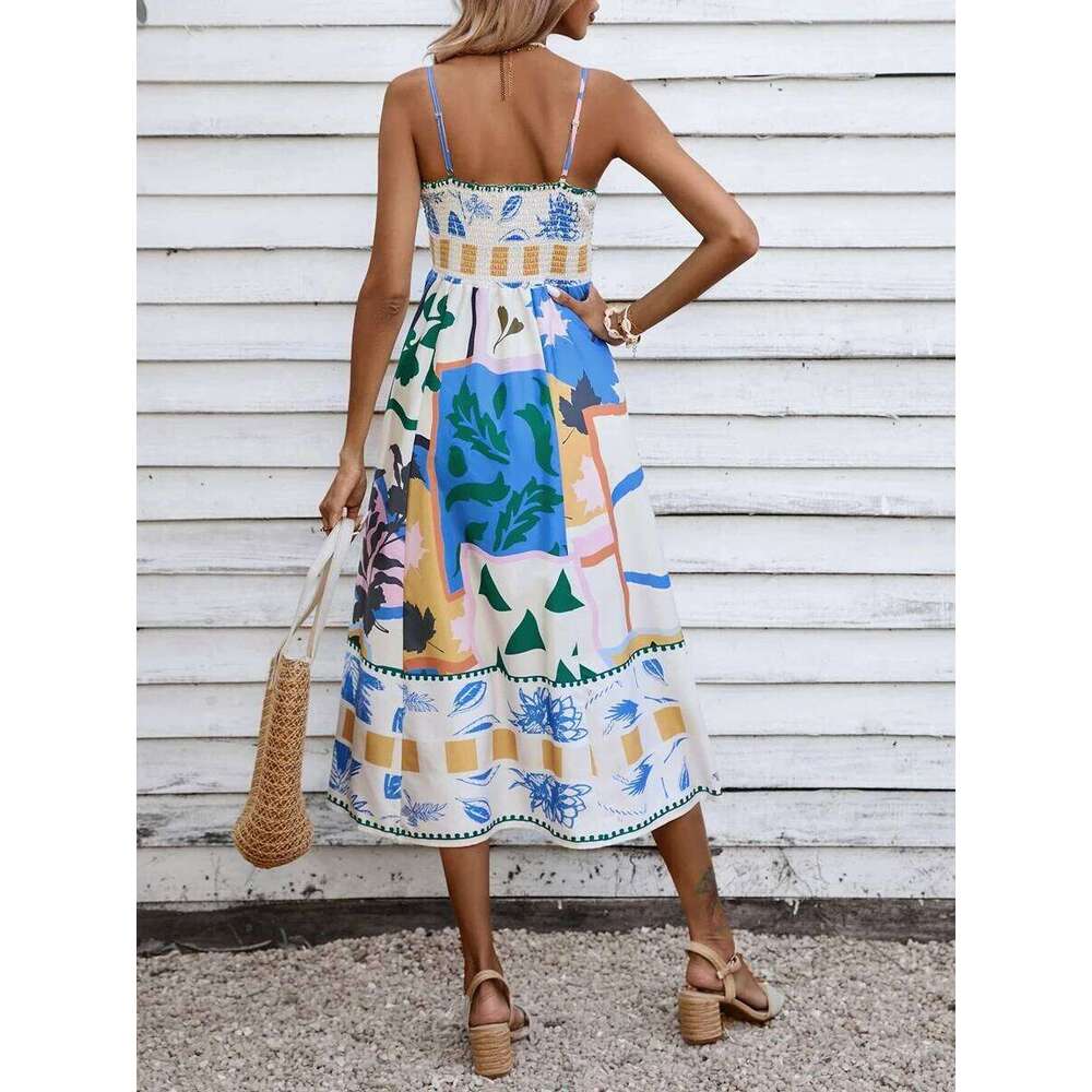 Women Summer Casual A-line Print Spaghetti Strap Backless Midi Fashion Sleeveless Cami Dress