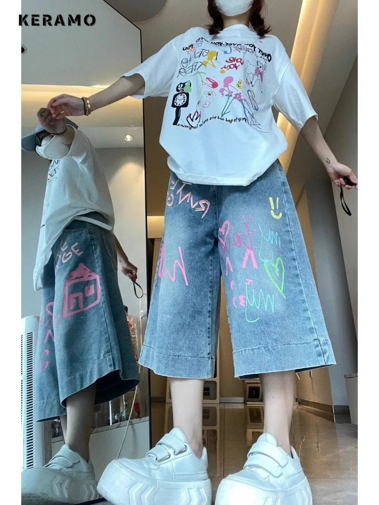 Y2K Heart Printing Calf Length Denim Trouser Vintage Casual Emo Blue Pants Womens Street Grunge 2000s High Waist Jeans 250604
