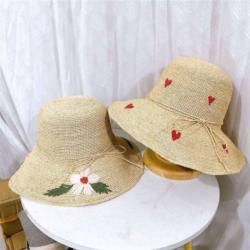 Custom Handmade Crochet Women Embroidery Flower Beach Sun Foldable Bucket Straw Hat