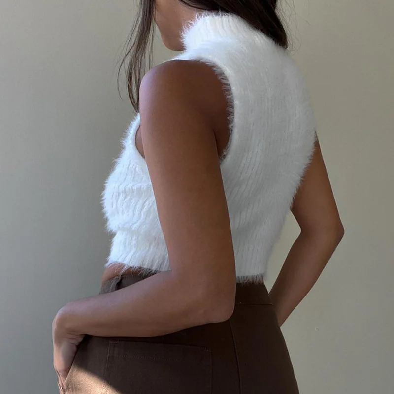 White Crop Top Winter Y2k Women Sweaters Sleeveless Turtleneck Fluffy Off Shoulder 2000s Clothes For Women Knitted Top Outfit 250529