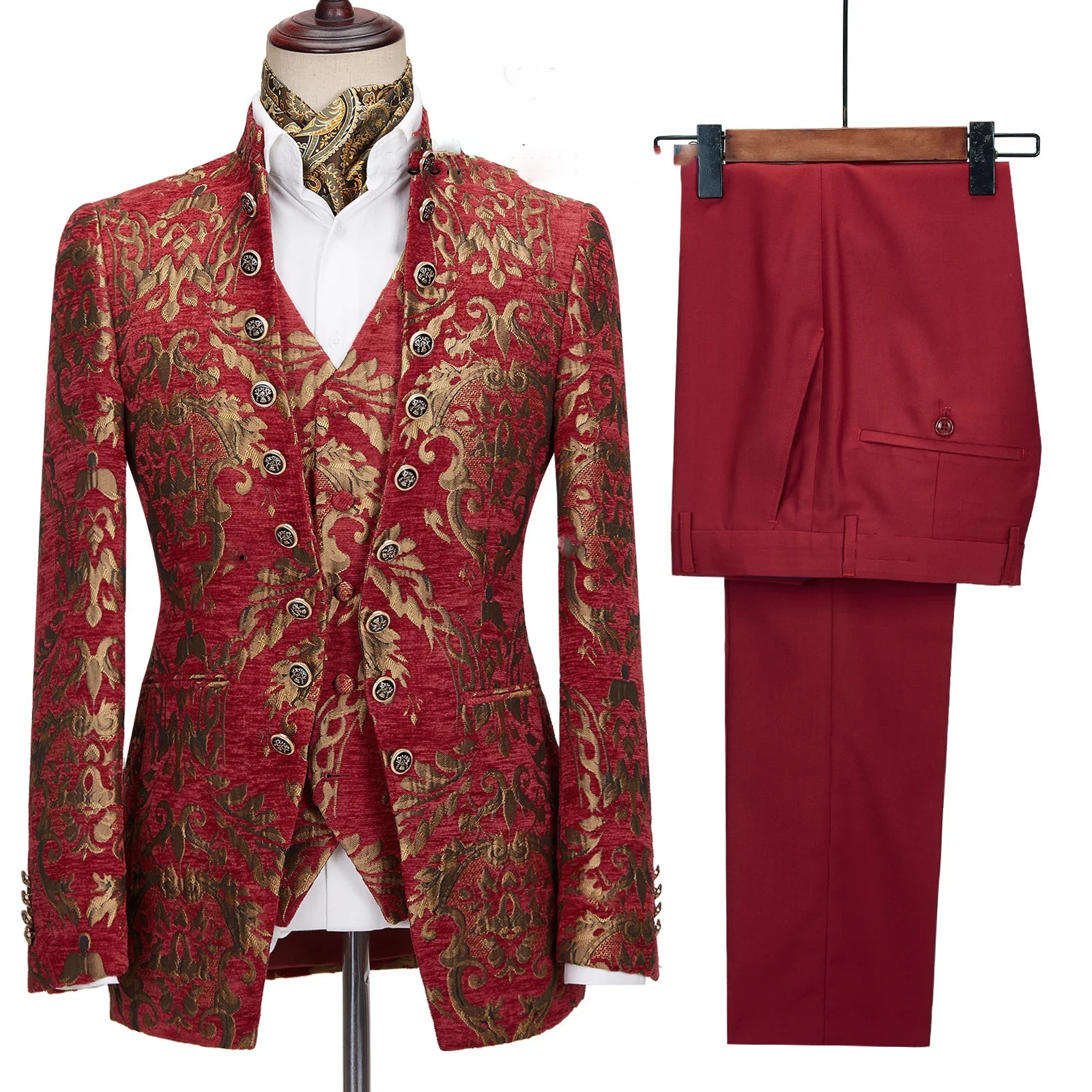 Floral Jacquard Mens Suit For Wedding Groom Tuxedo Stand Collar Formal Party Male Dress Blazer Pants Vest 3 Piece Costume Homme 250530