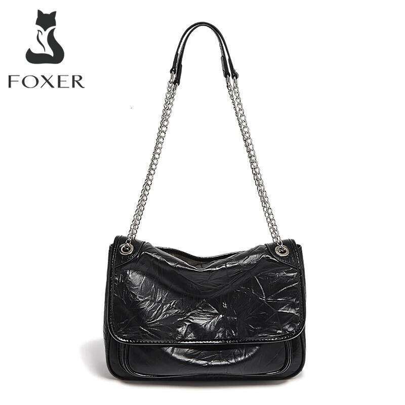 OLOEY FOXER Women Genuine Leather + PU Shoulder Handbag Classic Fashion Black Tote Chain Bag
