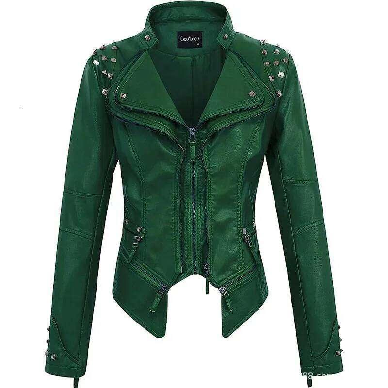 Spring and Autumn Women's New Lapel Rivets Decorated Waist Short Washed PU Leather Jacket
