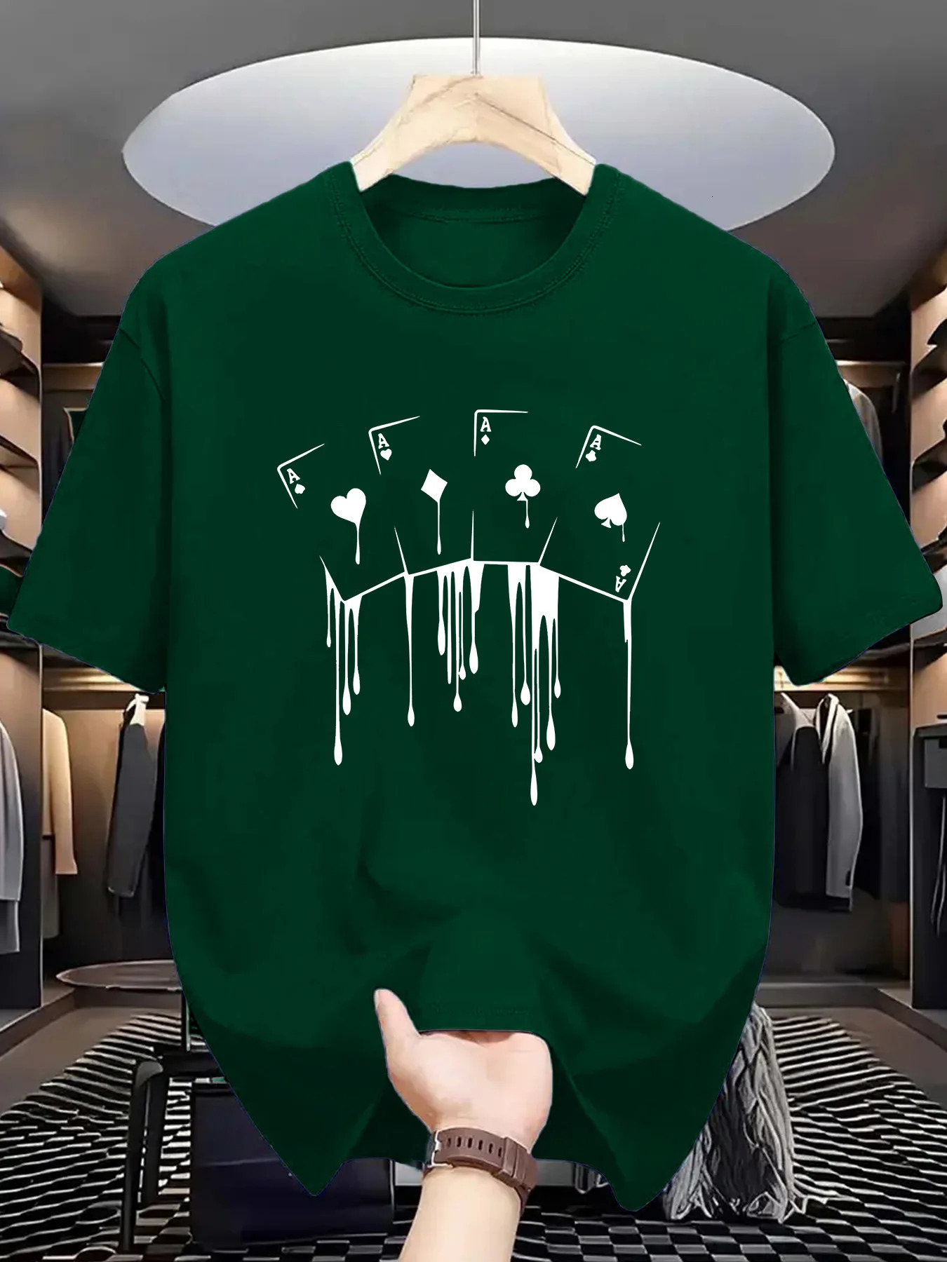 Summer Mens 100% Cotton Casual Loose Plus Size Poker Card Pattern Printed Sports Comfortable Round Neck Short Sleeve T-shirt 250530