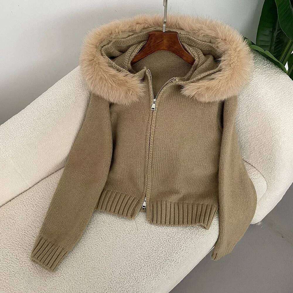 Hooded Real Fox Collar Cardigan Natural Fur Coat for Women Casual Short Knitted Jacket 2024 Fashion Autumn Winter luanyun