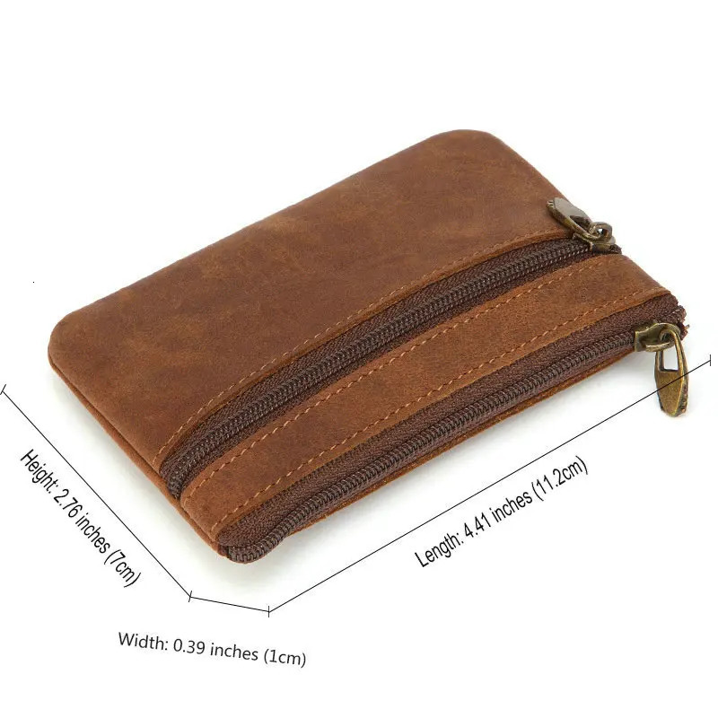 GENODERN Vintage Crazy Horse Leather Mens Coin Purse Genuine Zipper Wallet Retro Key Holder Small Money Bag 250605