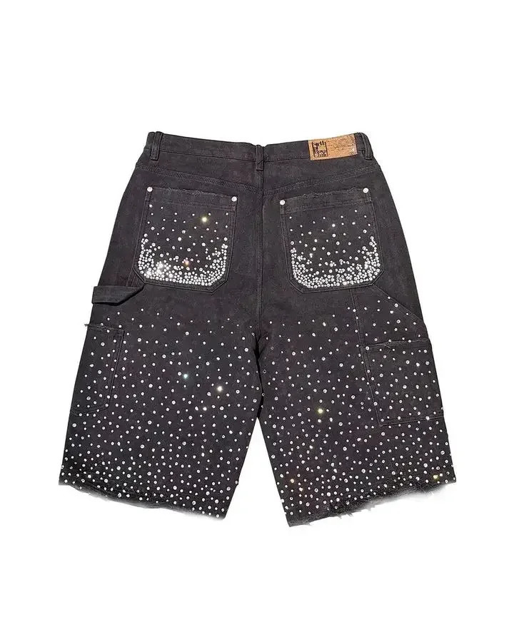 Vintage Denim Shorts Y2K Jeans Men Women Hiphop Rhinestone Sequins Glitter Baggy Short Low Rise Over The Knee Pants Casual Short 250604