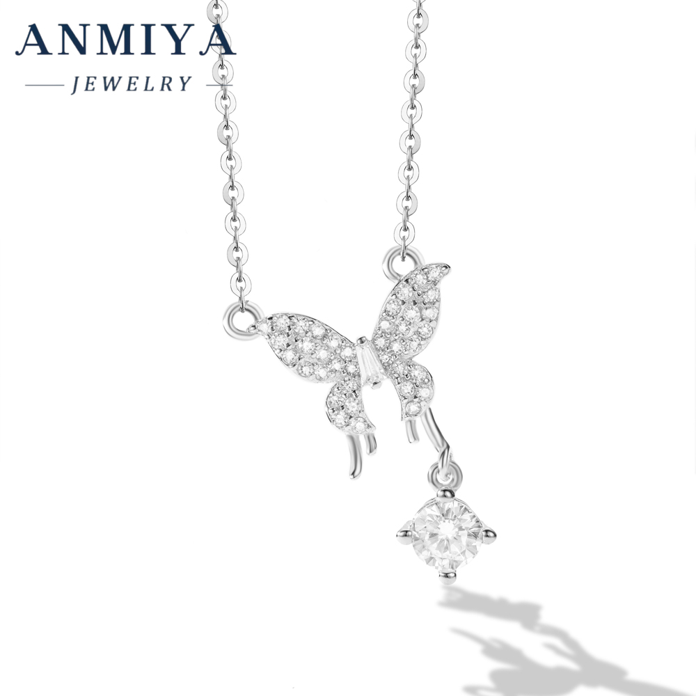 Vintage Silver Jewelry Butterfly Necklace Incorporating Geometric Zircon Pendant Design, 925 Antique Necklace for Outfits