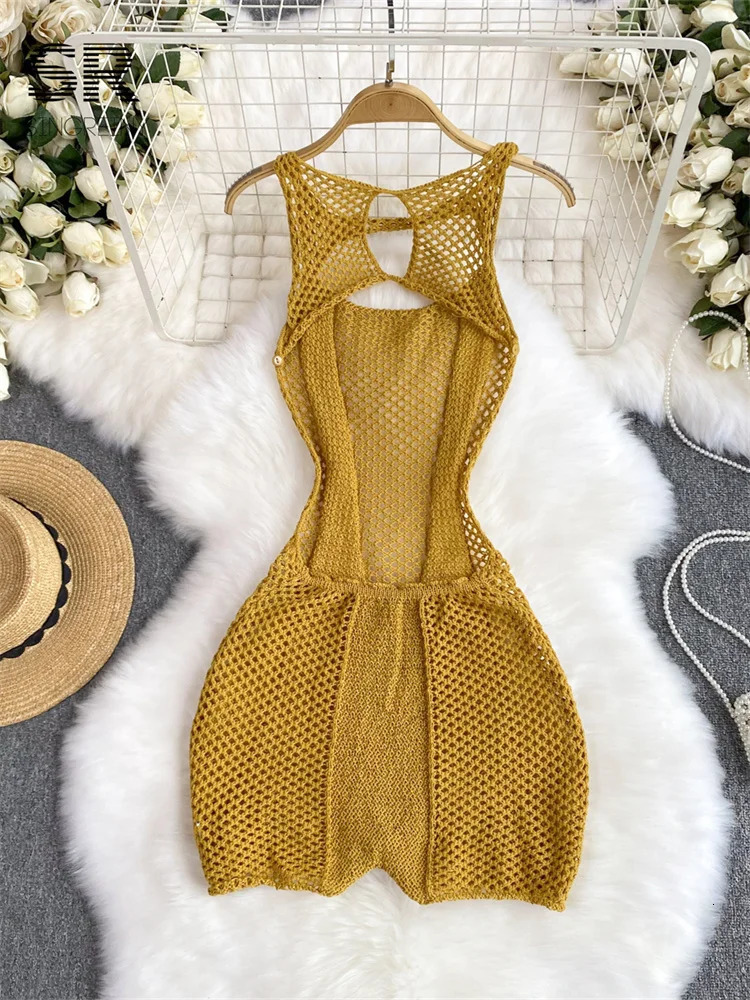 SINGREINY Yellow Sleeveless Jumpsuit Women Hollow Out O Neck Elegant Stretch Transparent Ladies Casual Summer Slim Rompers 250603