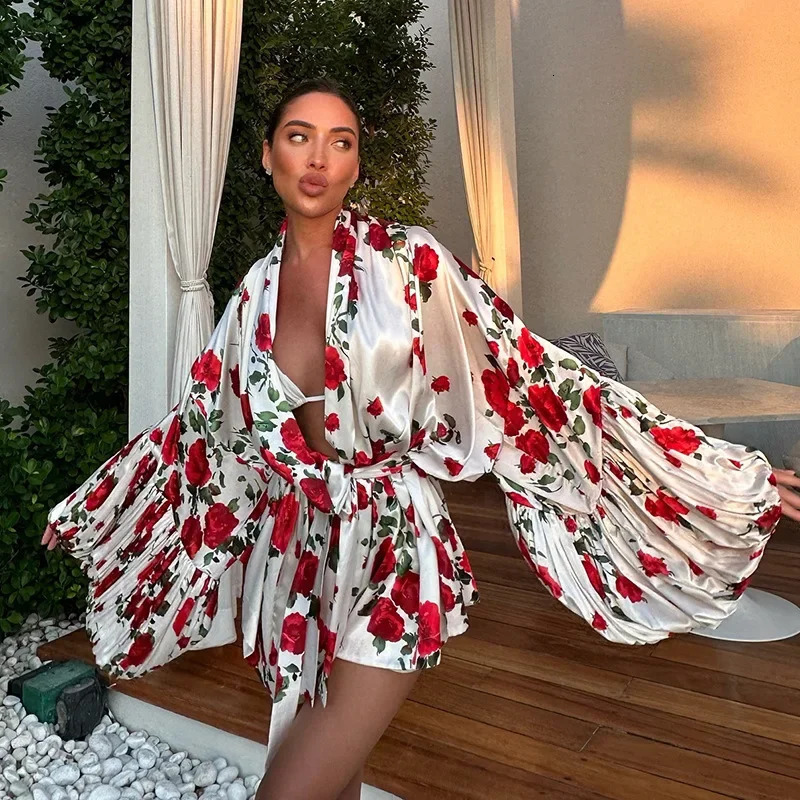 Fashionable Knot Waist Pleated Open Cardigan High Shorts Casual Set Womens Spring Loose Fit Ensemble 250604