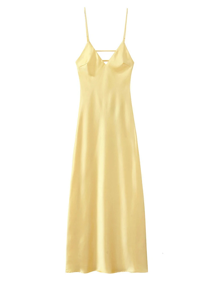 Elegant Yellow Satin Sling Dresses Women Sexy Sleeveless Backless Loose Party Lady Slim Fit V Neck Club Evening Robes 250604